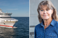 Gotlandsfärjan som tagits ut drift och konsumentvägledare Maria Wiezell.