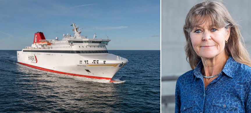 Gotlandsfärjan som tagits ut drift och konsumentvägledare Maria Wiezell.